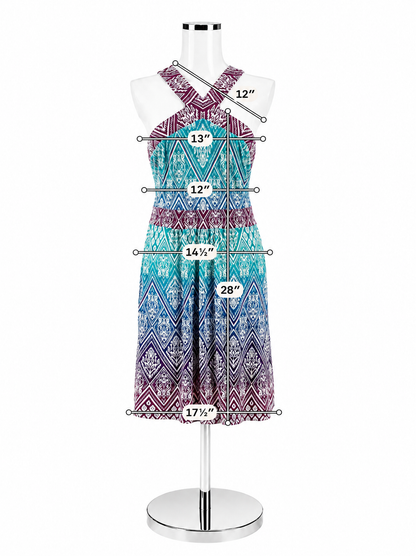 Wisp Ikat Print Dress Size 12 Aqua Purple Empire Waist X-Back Sleeveless