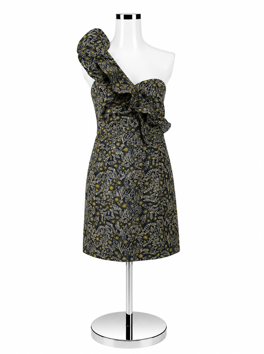 ML Monique Lhuillier One-Shoulder Metallic Floral Jacquard Dress Navy Gold Size 16 NWT