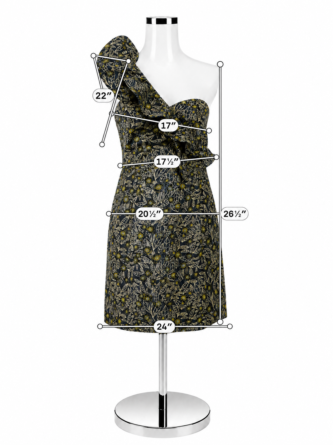 ML Monique Lhuillier One-Shoulder Metallic Floral Jacquard Dress Navy Gold Size 16 NWT