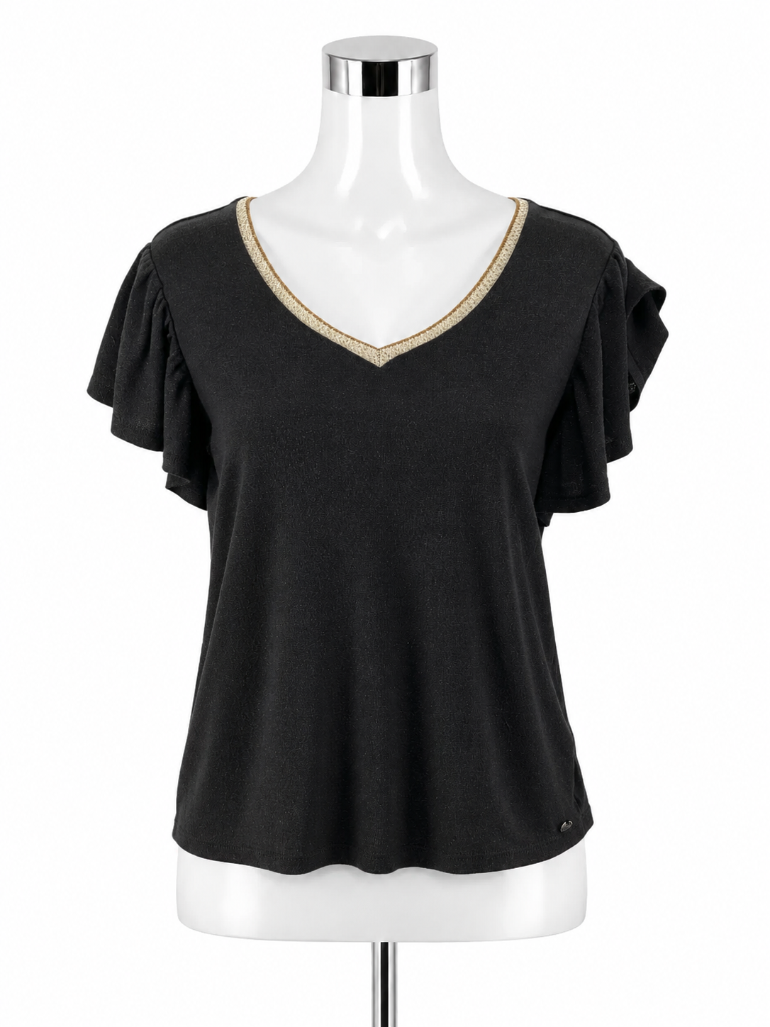 GARCIA Charcoal Sparkle Metallic Knit Top V-Neck Short Sleeve Medium