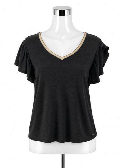 GARCIA Charcoal Sparkle Metallic Knit Top V-Neck Short Sleeve Medium