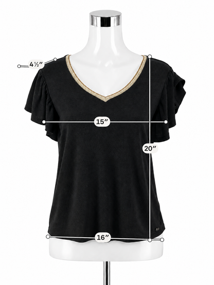 GARCIA Charcoal Sparkle Metallic Knit Top V-Neck Short Sleeve Medium