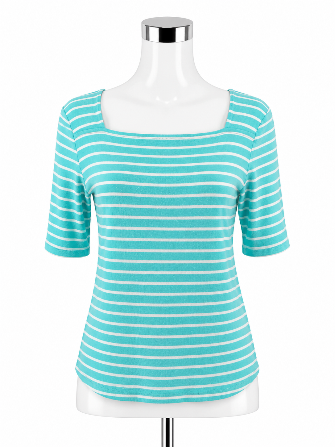 Croft &amp; Barrow Striped Boat Neck Top Size M Turquoise White 100% Cotton