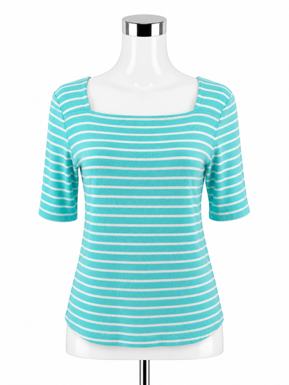 Croft &amp; Barrow Striped Boat Neck Top Size M Turquoise White 100% Cotton