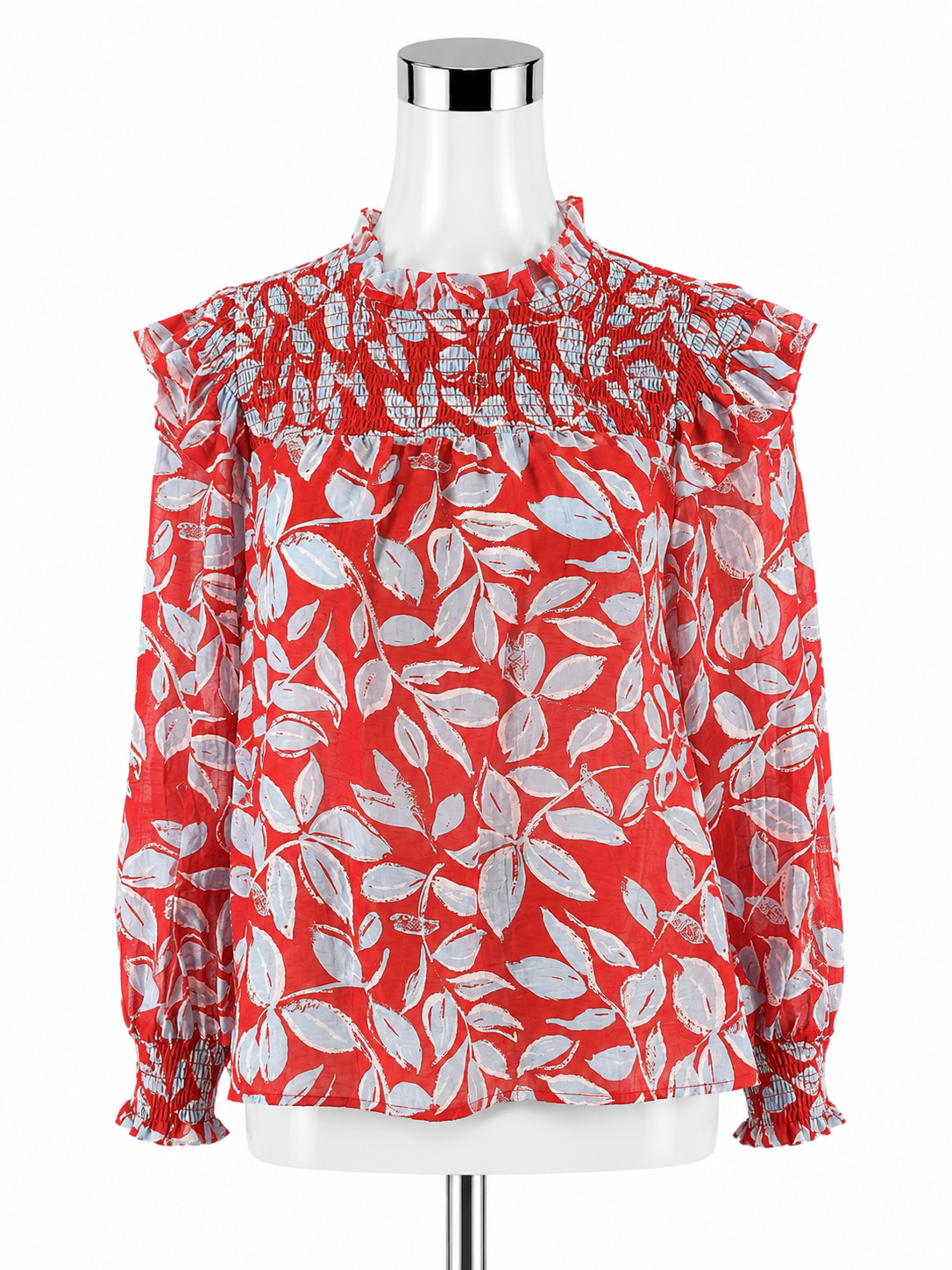 THML Smocked Ruffle Neck Bishop Sleeve Blouse Red Blue Floral Print Size Small - ONLINE ONLY