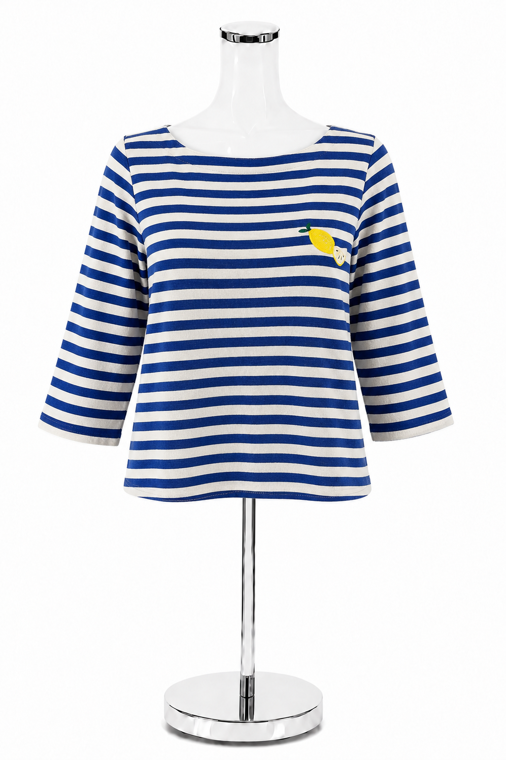 LOFT Lemon Embroidered Blue &amp;amp; White Striped Boatneck Top | Size XS- Downstairs