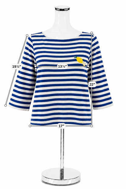 LOFT Lemon Embroidered Blue &amp;amp; White Striped Boatneck Top | Size XS- Downstairs