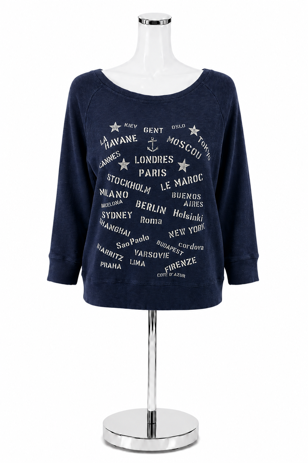 J. Crew French Graphic Print Boatneck Top Size Medium Navy White Pre-Owned
