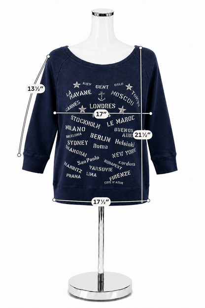 J. Crew French Graphic Print Boatneck Top Size Medium Navy White Pre-Owned