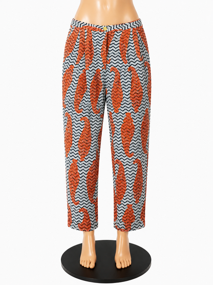 Tory Burch Nadia Print Silk Pull-On Pants Navy Orange White Size 6 - ONLINE ONLY