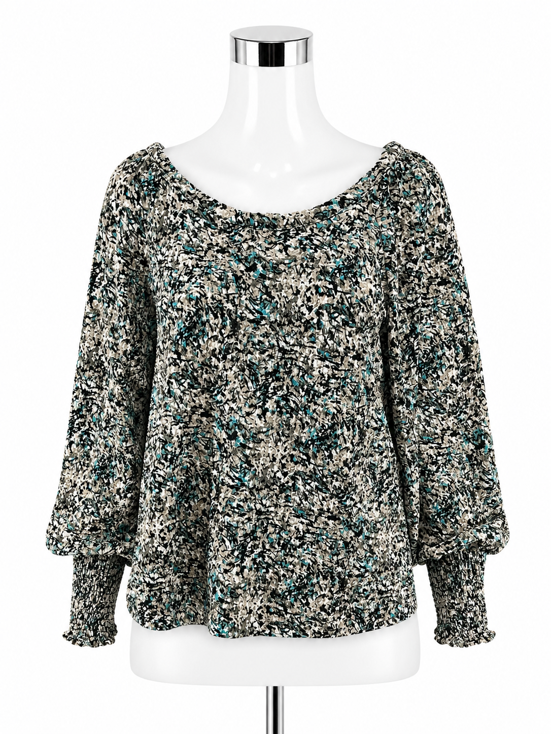 LOFT Abstract Print Smocked Cuff Blouson Top Black Aqua Size Large