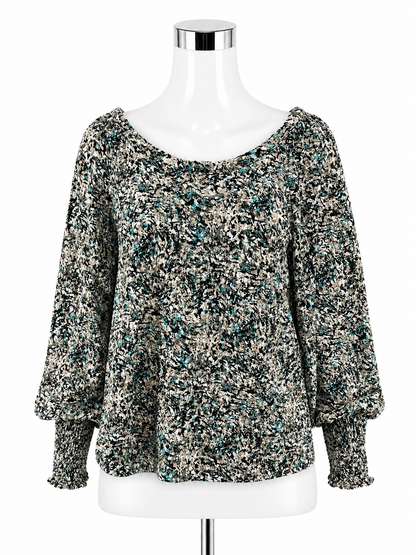 LOFT Abstract Print Smocked Cuff Blouson Top Black Aqua Size Large