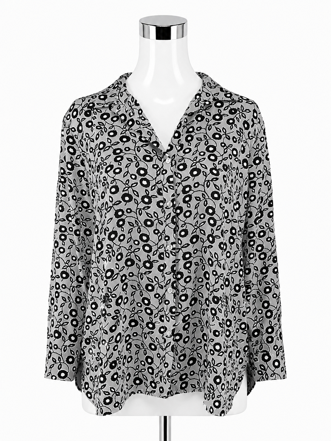 LOFT Ann Taylor Gray Abstract Floral Roll-Tab Blouse Size Large