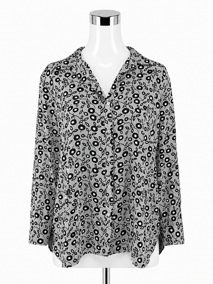 LOFT Ann Taylor Gray Abstract Floral Roll-Tab Blouse Size Large