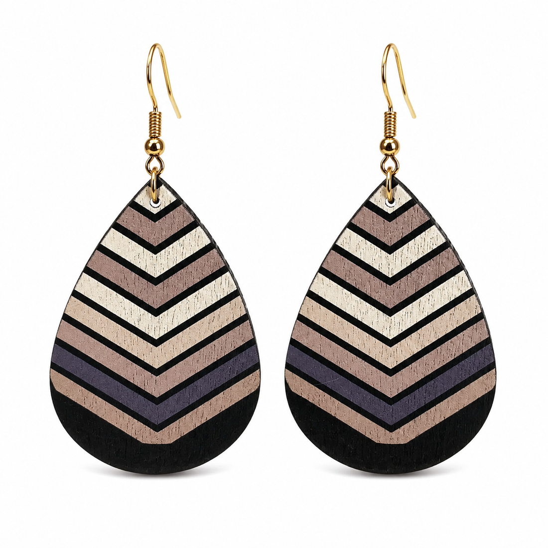 Hand-Painted Wood Teardrop Earrings Geometric Chevron Stripe Boho Dangle