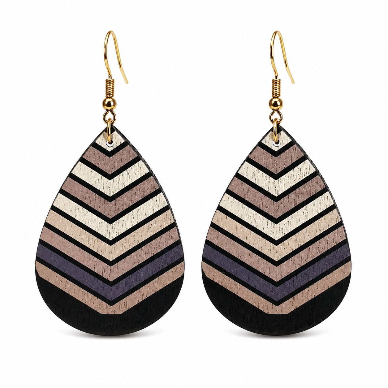 Hand-Painted Wood Teardrop Earrings Geometric Chevron Stripe Boho Dangle