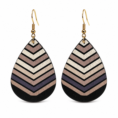 Hand-Painted Wood Teardrop Earrings Geometric Chevron Stripe Boho Dangle