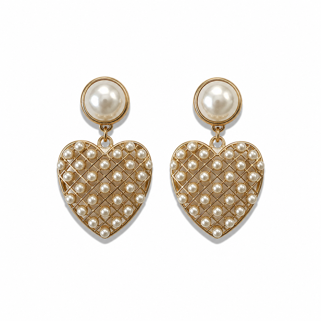 Faux Pearl &amp; Gold-Tone Lattice Heart Drop Earrings