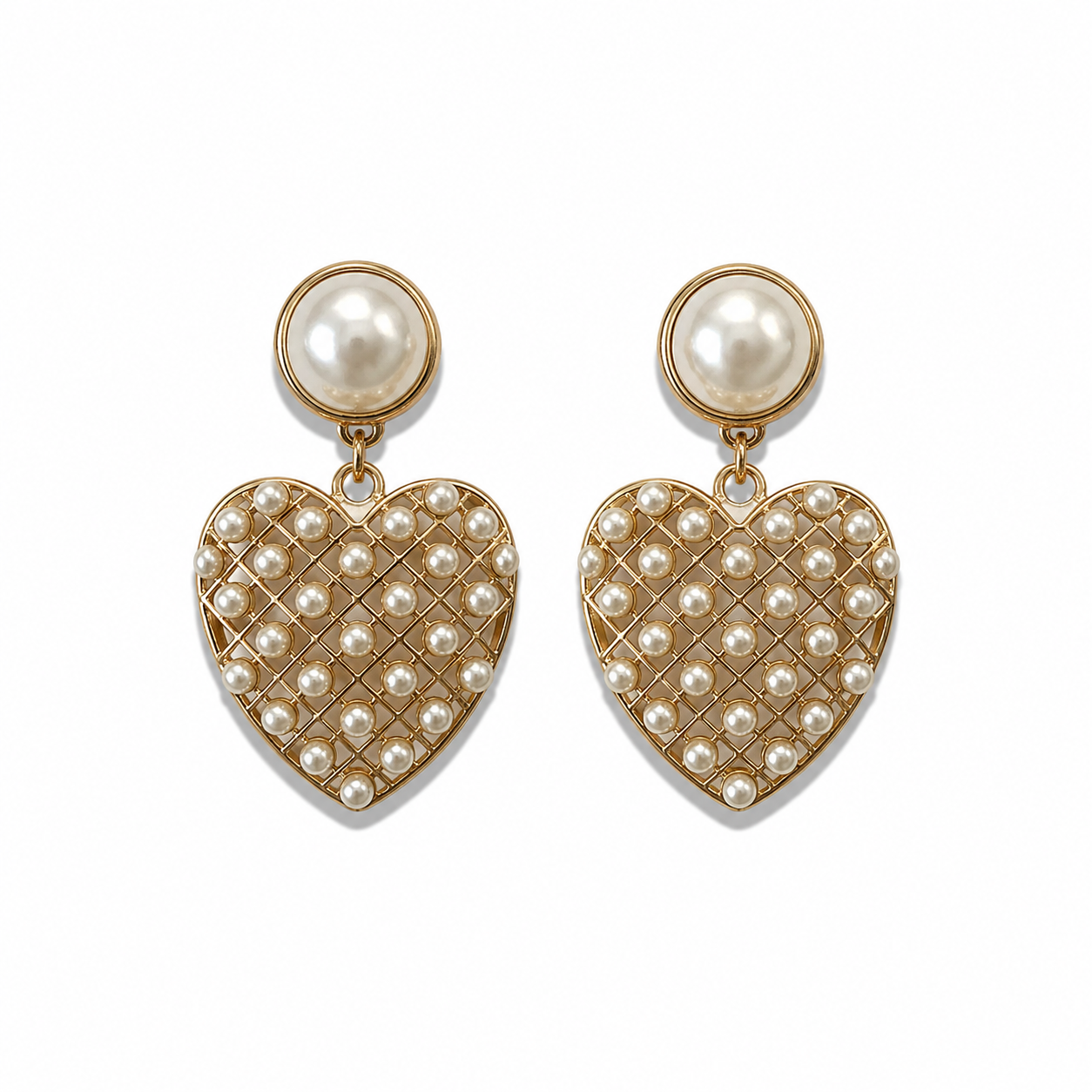 Faux Pearl &amp; Gold-Tone Lattice Heart Drop Earrings