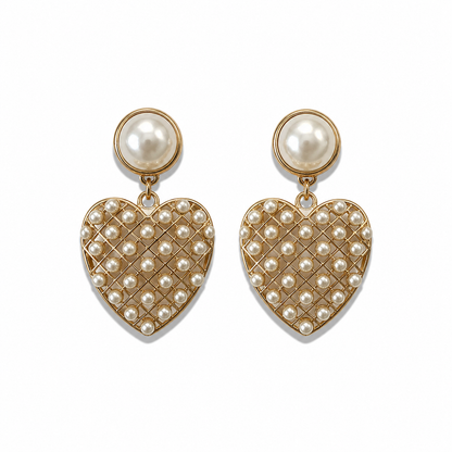 Faux Pearl &amp; Gold-Tone Lattice Heart Drop Earrings