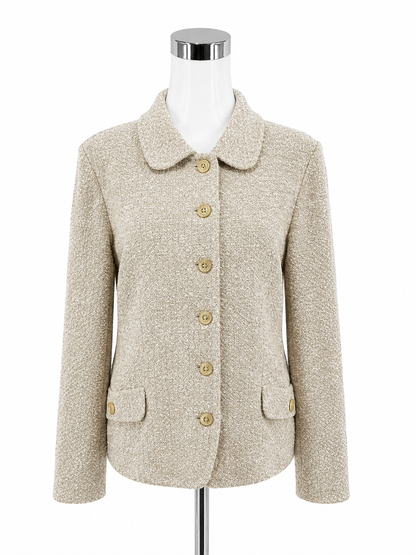 St. John Collection Boucle Knit Jacket Tan Green Peter Pan Collar Size 16