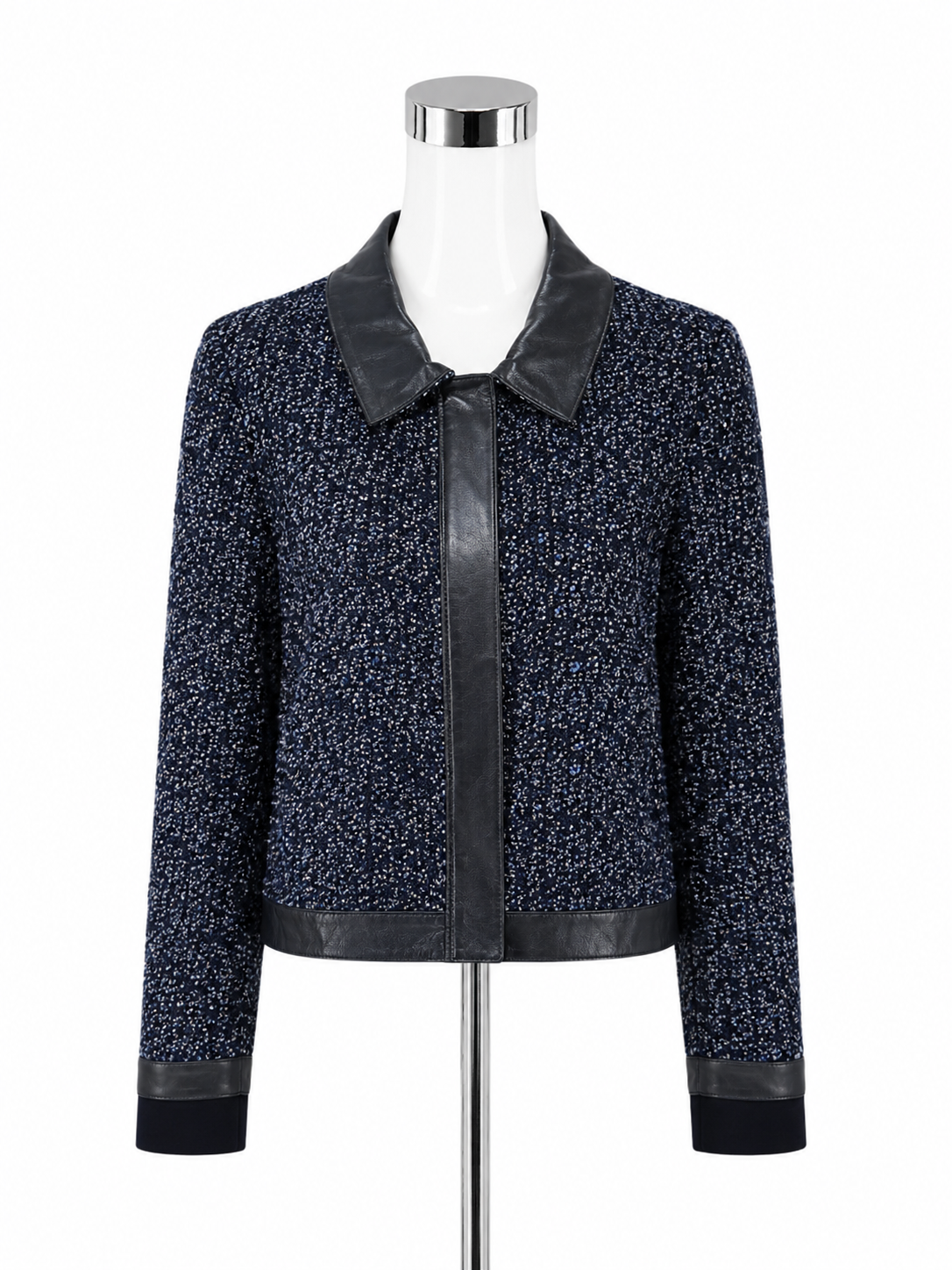 St. John Couture Margaret Leather Trim Tweed Jacket Navy Blue Size 16 NWT