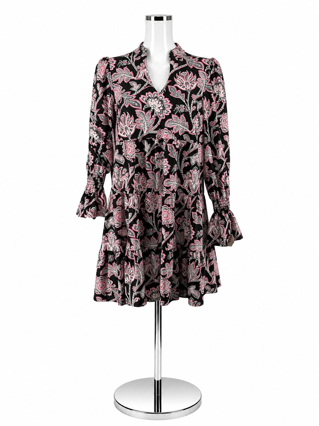 Jude Connally Trixie Dress Size S Black Pink Persian Paisley Tiered Long Sleeve
