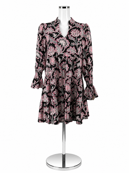 Jude Connally Trixie Dress Size S Black Pink Persian Paisley Tiered Long Sleeve