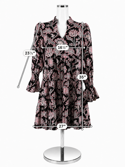 Jude Connally Trixie Dress Size S Black Pink Persian Paisley Tiered Long Sleeve