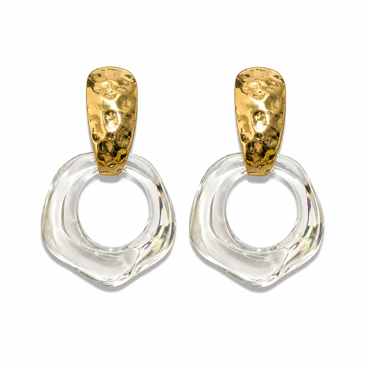 Hammered Gold Tone &amp; Clear Lucite Sculptural Drop Hoop Earrings