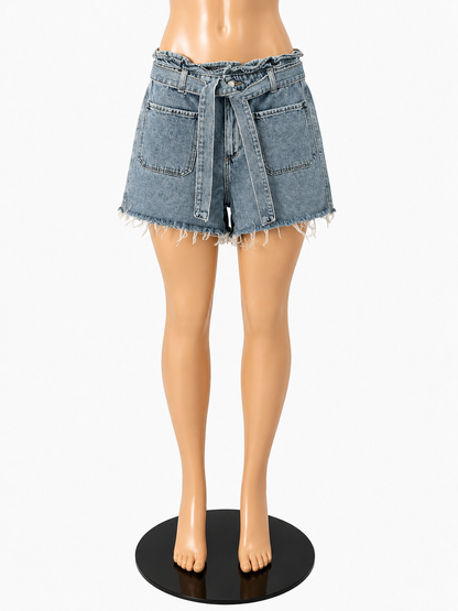 Zara High Waisted Paperbag Denim Shorts with Tie Belt Size 8