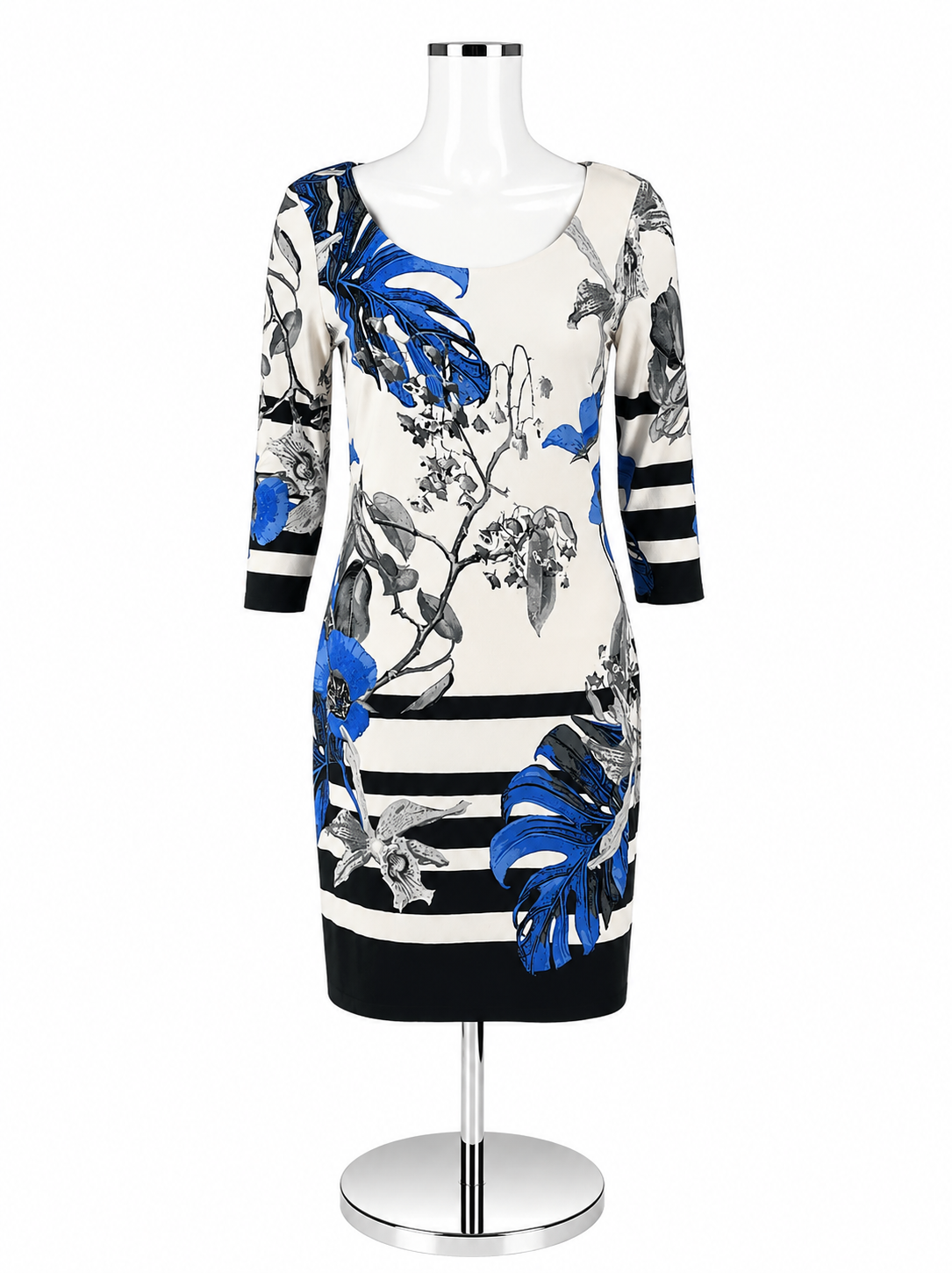 Cartise Floral &amp; Stripe 3/4 Sleeve Shift Dress Blue White Black Size 4