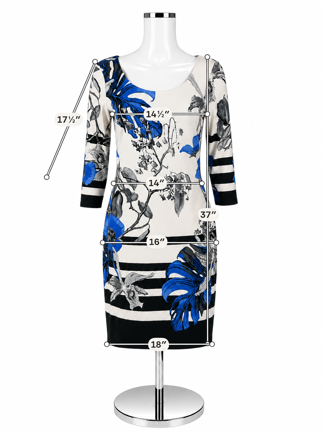 Cartise Floral &amp; Stripe 3/4 Sleeve Shift Dress Blue White Black Size 4