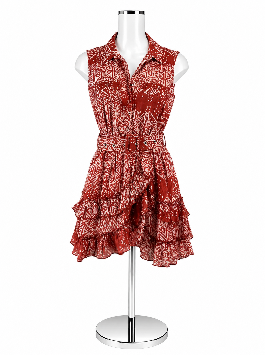 Steele Red &amp; White Ikat Print Cotton Tiered Mini Dress S Petite