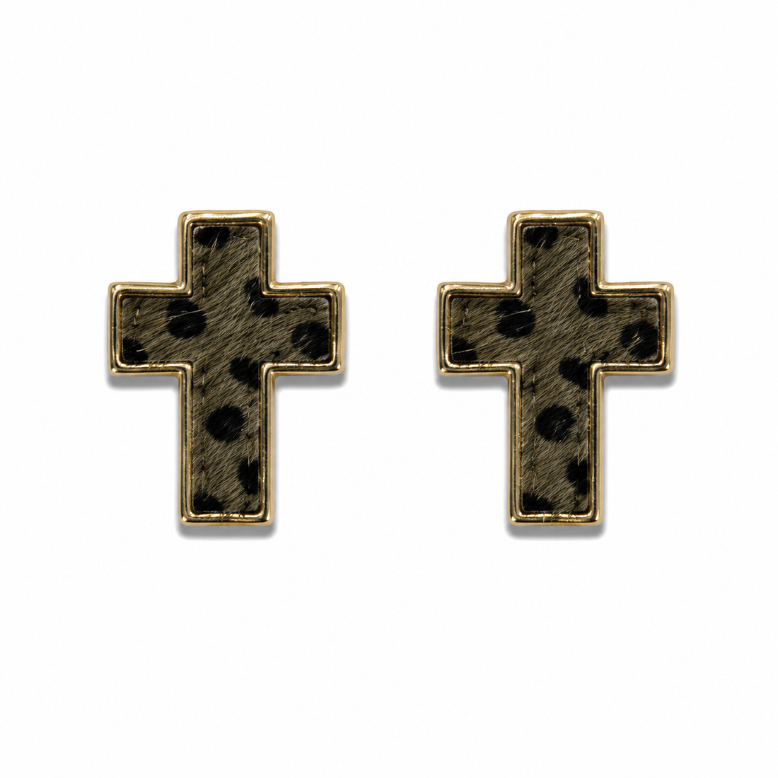 Gold Tone Animal Print Hair on Hide Cross Stud Earrings | Pre-Owned