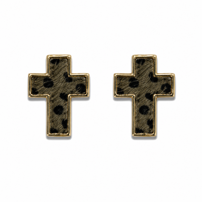 Gold Tone Animal Print Hair on Hide Cross Stud Earrings | Pre-Owned