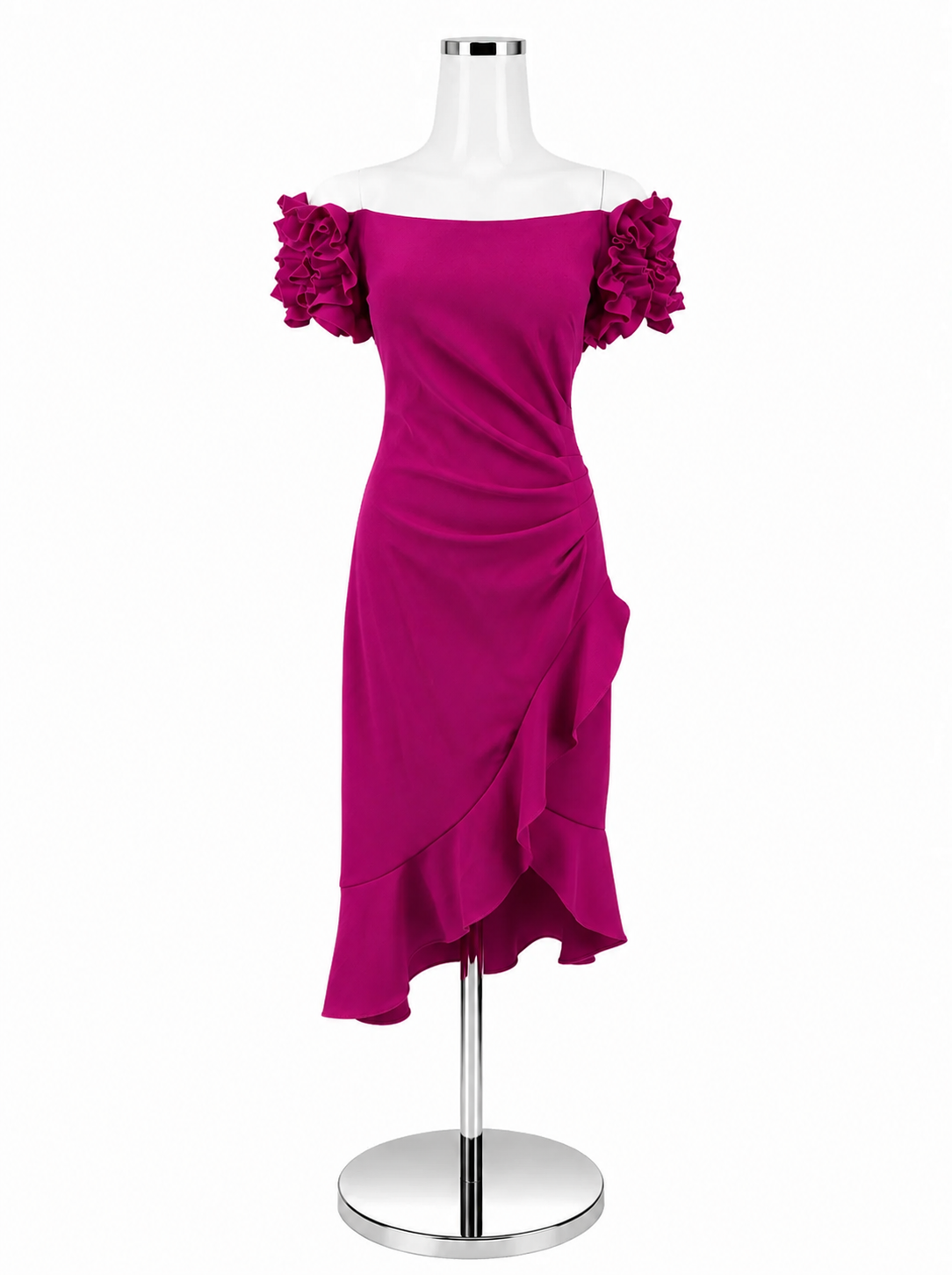 Xscape Ruffled One-Shoulder Scuba Crepe Midi Dress Fuchsia Size 6 NWT