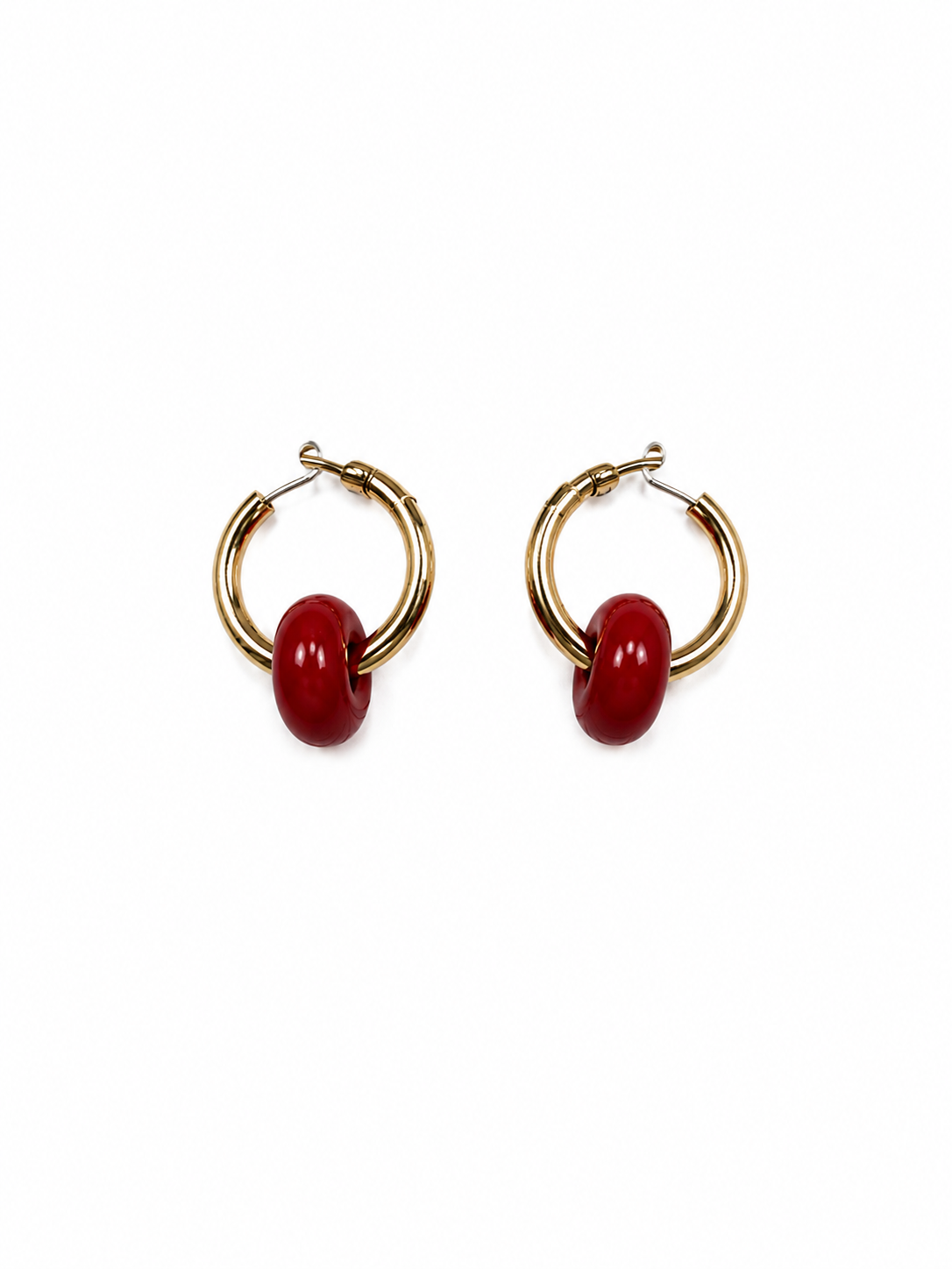 Manatis Red Resin Bead Gold Tone Hoop Earrings 12mm