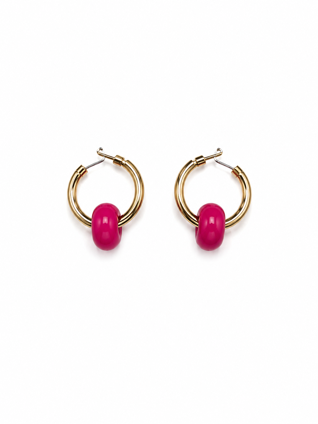 Gold Tone Hoop Earrings with Hot Pink Bead