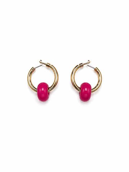 Gold Tone Hoop Earrings with Hot Pink Bead