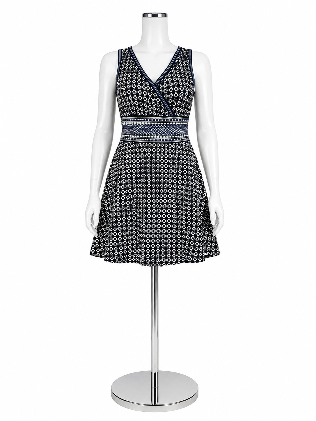 NIC + ZOE Navy Mosaic Print Surplice Fit &amp;amp; Flare Knit Dress Size Small
