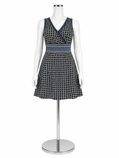 NIC + ZOE Navy Mosaic Print Surplice Fit &amp;amp; Flare Knit Dress Size Small