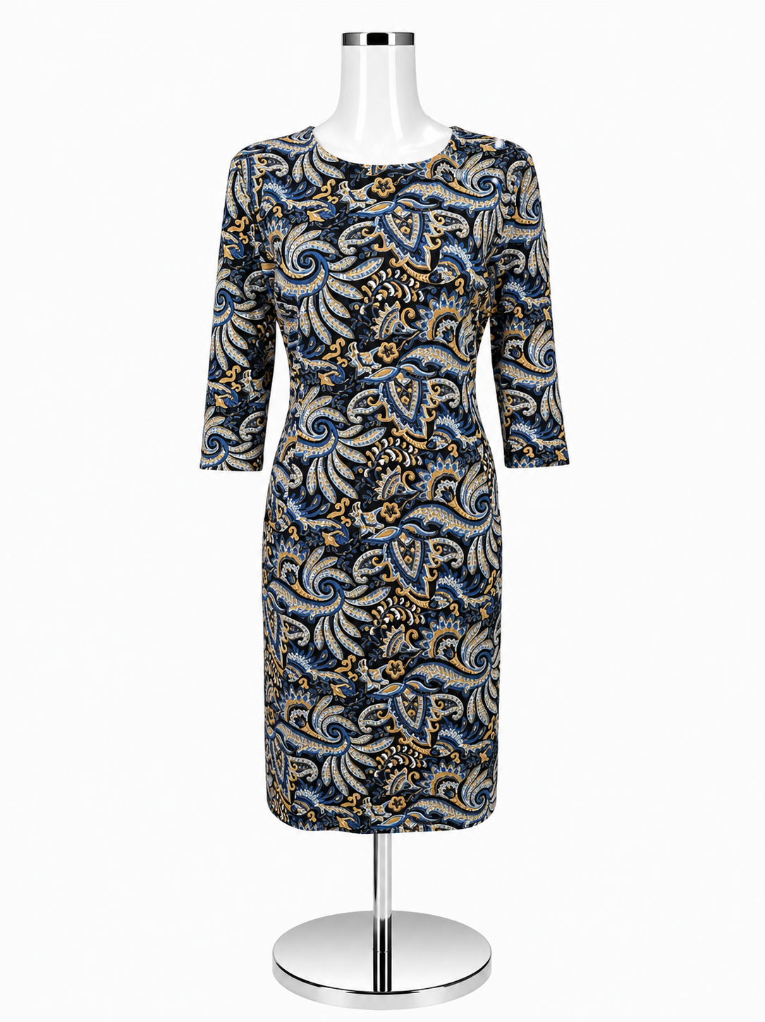 J.McLaughlin Black, Blue &amp; Tan Paisley 3/4 Sleeve Dress – Size Large - ONLINE ONLY