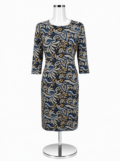 J.McLaughlin Black, Blue &amp; Tan Paisley 3/4 Sleeve Dress – Size Large - ONLINE ONLY