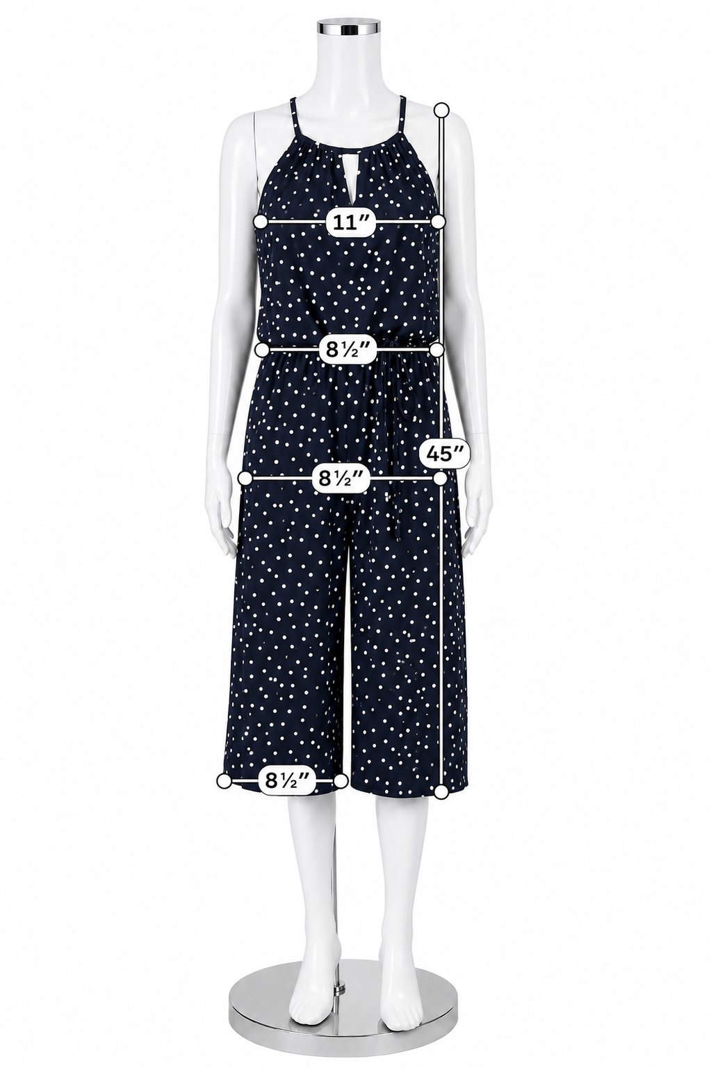 London Times Navy &amp; White Polka Dot Halter Jump Suit – Women’s Size 6 Petite - ONLINE ONLY