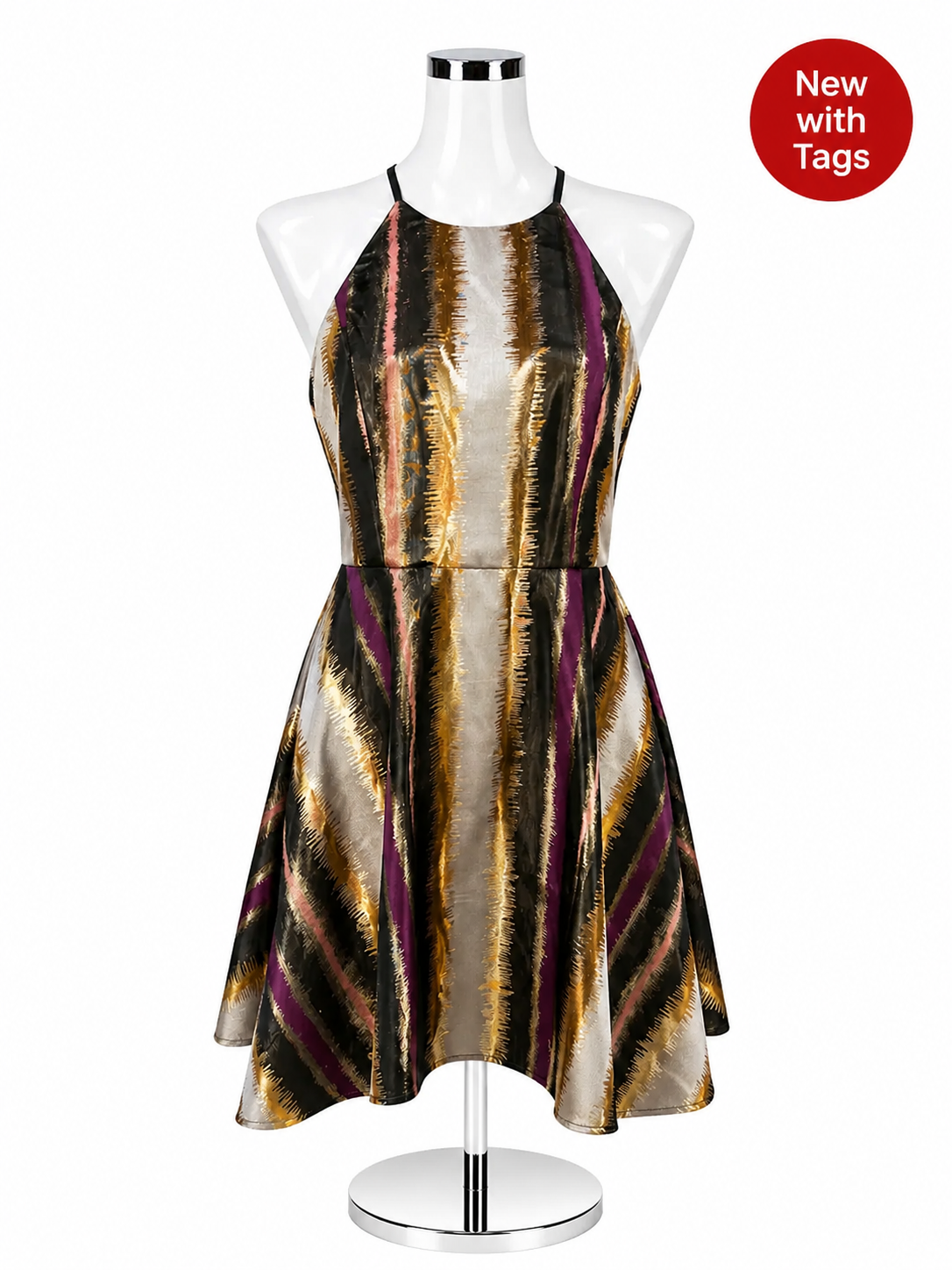 Belle Badgley Mischka Metallic Stripe Halter Cocktail Dress Size 2 NWT - ONLINE ONLY