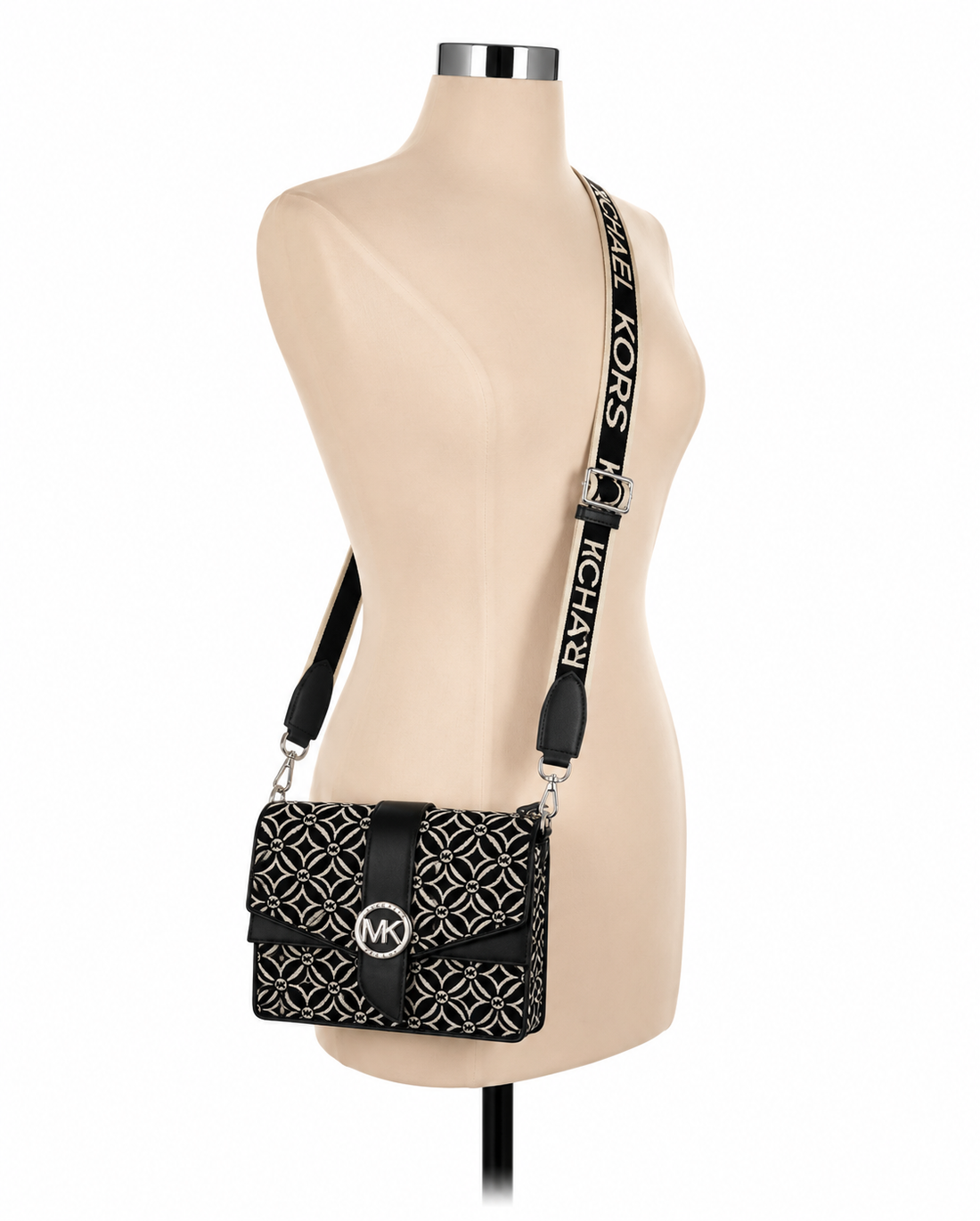 Michael Kors Parker Medium Jacquard Logo Crossbody Bag | Black &amp; Ivory | NWT