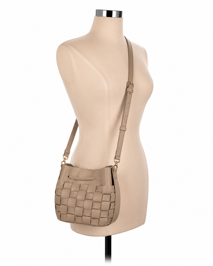 ZARA Woven Faux Leather Bucket Bag Cream Beige Crossbody Purse