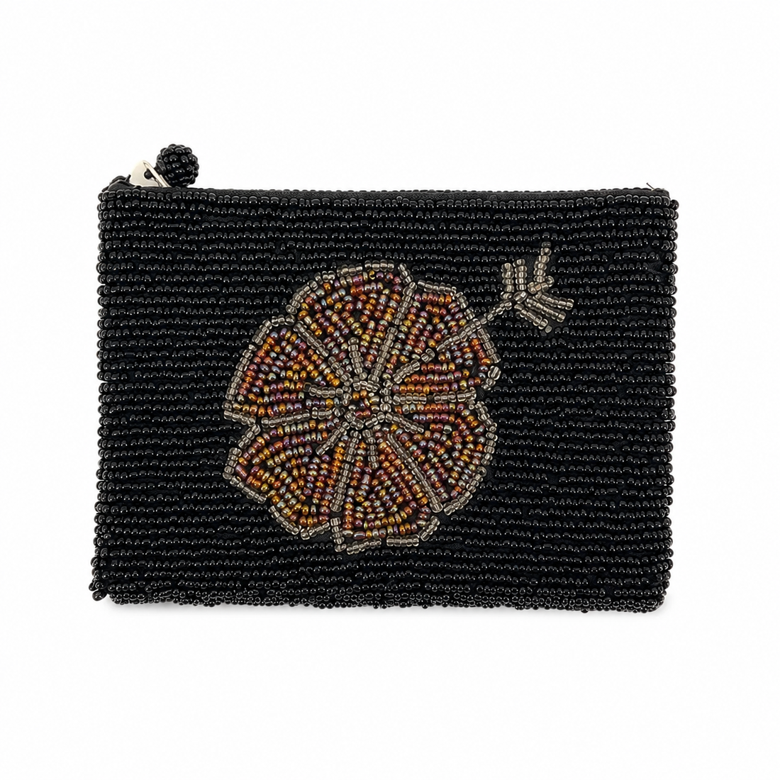 Black Floral Beaded Evening Clutch Coin Purse Handcrafted India