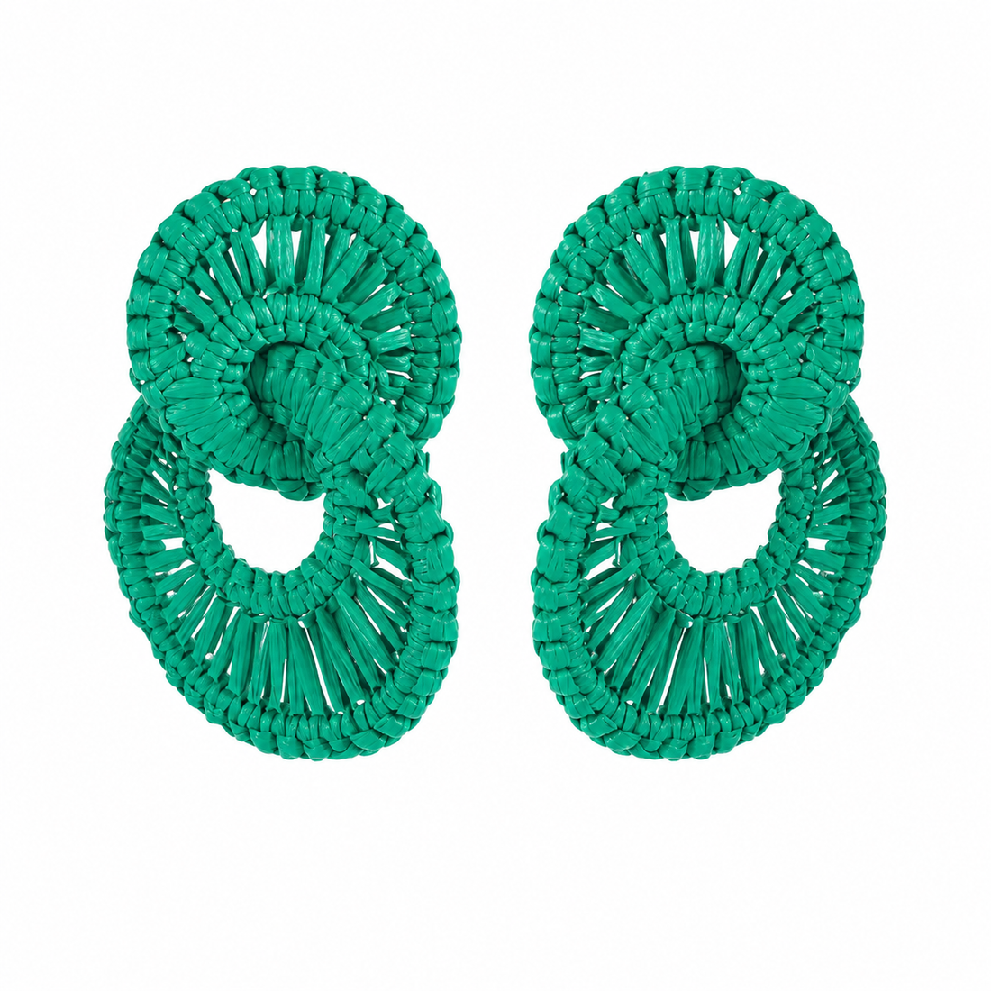Boho Green Raffia Triple Circle Drop Earrings | Lightweight Statement Jewelry